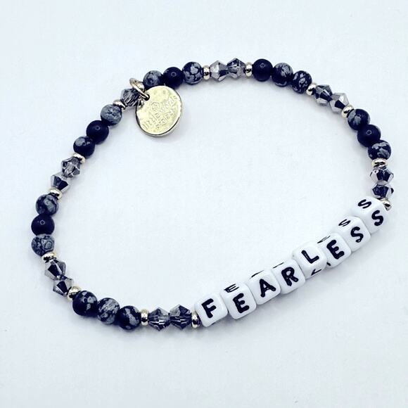 Little Words Project FEARLESS Bracelet Beaded Casual Stretch Grey White Boho - Picture 6 of 6